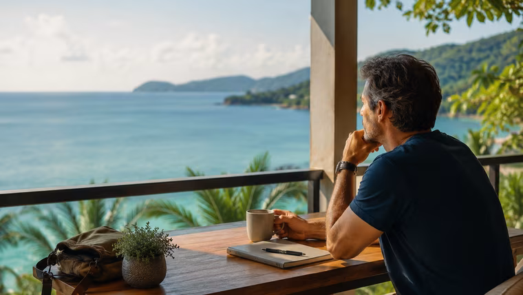 Man with coffee and a notebook on a balcony overlooking the sea in Phuket